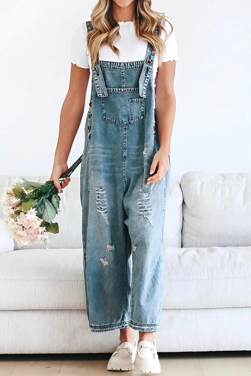Relaxed Fit Denim Overalls in a Worn-In Look
