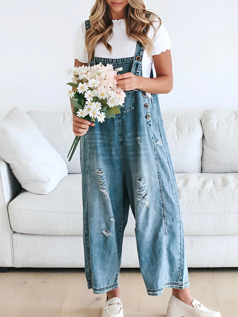 Relaxed Fit Denim Overalls in a Worn-In Look