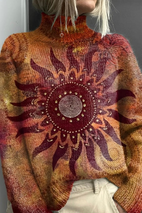 ELINE - WARM KNITTED TURTLE NECK SWEATER WITH TRIBAL SUN MOTIF