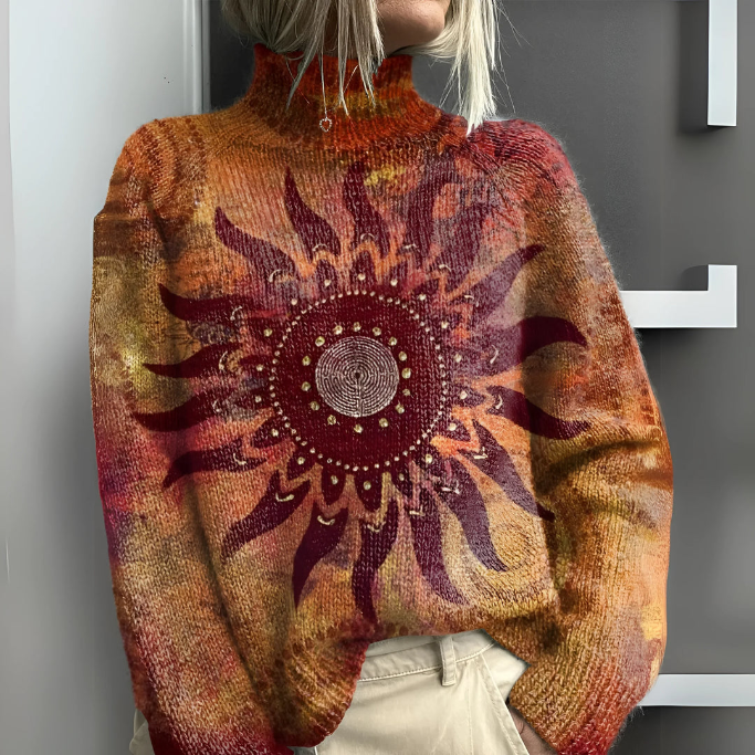 ELINE - WARM KNITTED TURTLE NECK SWEATER WITH TRIBAL SUN MOTIF
