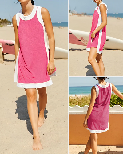 Colour Block Crewneck Short Sleeve Pullover Tops Matching Shorts With Pockets