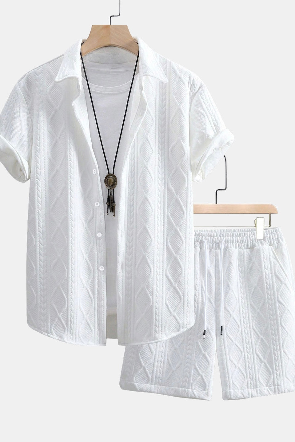 Twist Geometry Jacquard Button Up Shirt & Drawstring Shorts