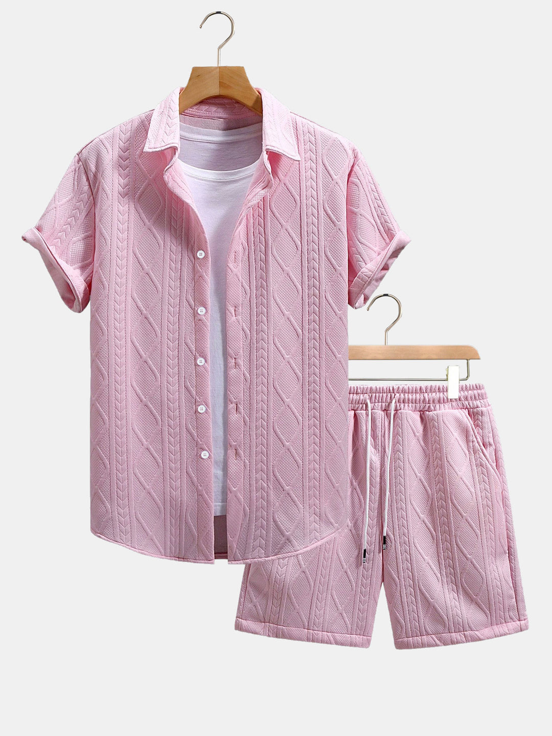 Twist Geometry Jacquard Button Up Shirt & Drawstring Shorts