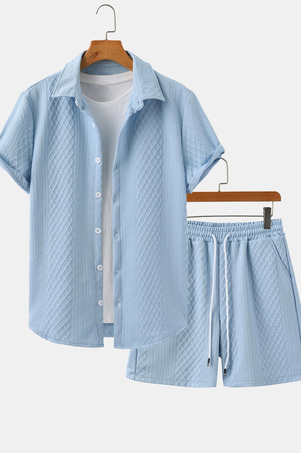Rhombus Geometry Jacquard Button Up Shirt & Drawstring Shorts