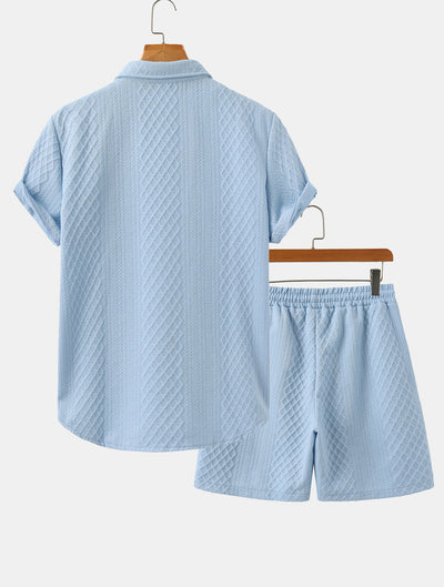 Rhombus Geometry Jacquard Button Up Shirt & Drawstring Shorts
