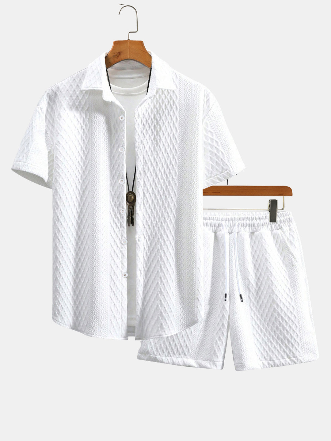 Rhombus Geometry Jacquard Button Up Shirt & Drawstring Shorts