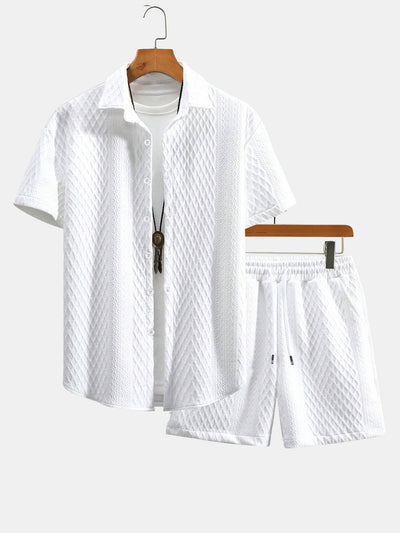 Rhombus Geometry Jacquard Button Up Shirt & Drawstring Shorts
