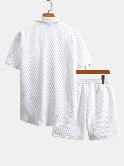 Rhombus Geometry Jacquard Button Up Shirt & Drawstring Shorts