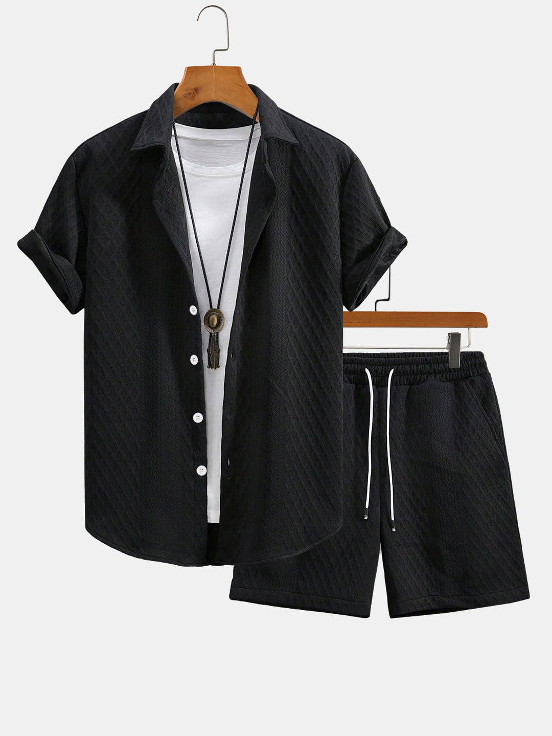 Rhombus Geometry Jacquard Button Up Shirt & Drawstring Shorts