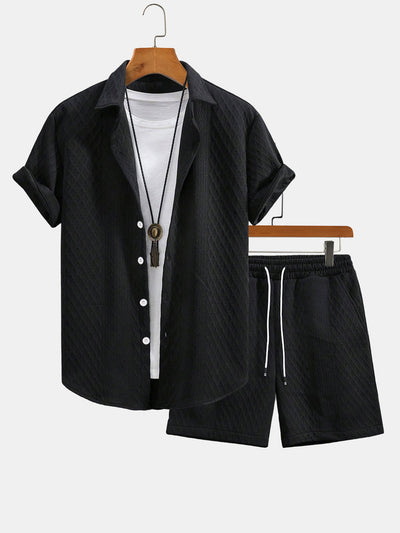 Rhombus Geometry Jacquard Button Up Shirt & Drawstring Shorts