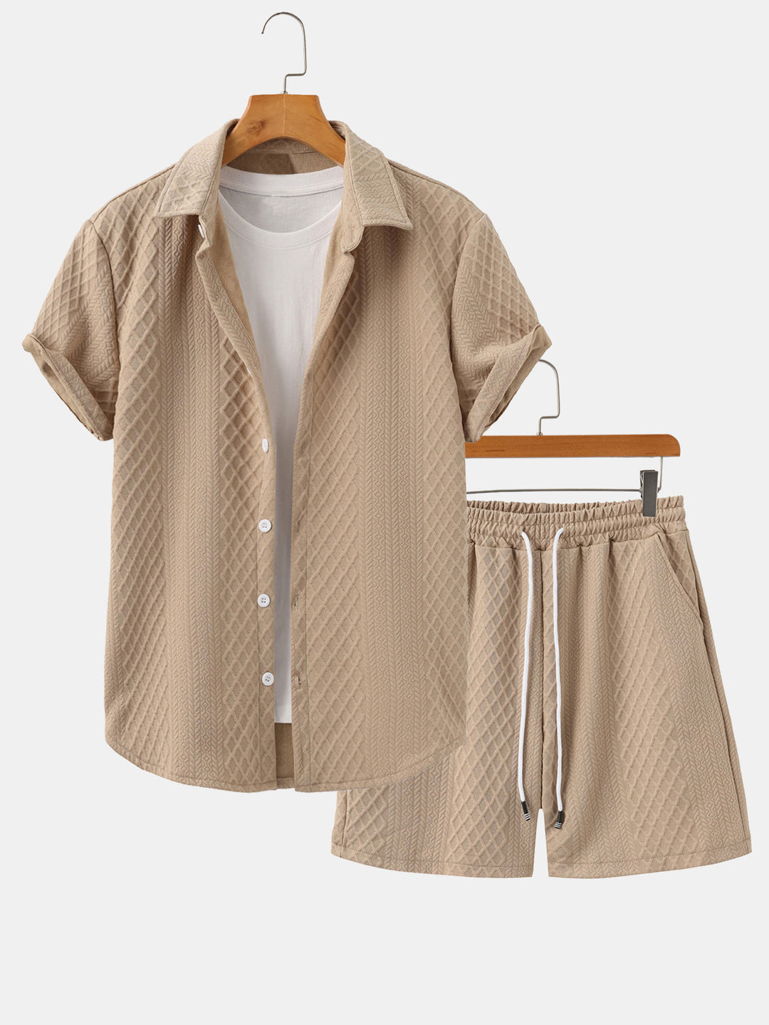 Rhombus Geometry Jacquard Button Up Shirt & Drawstring Shorts