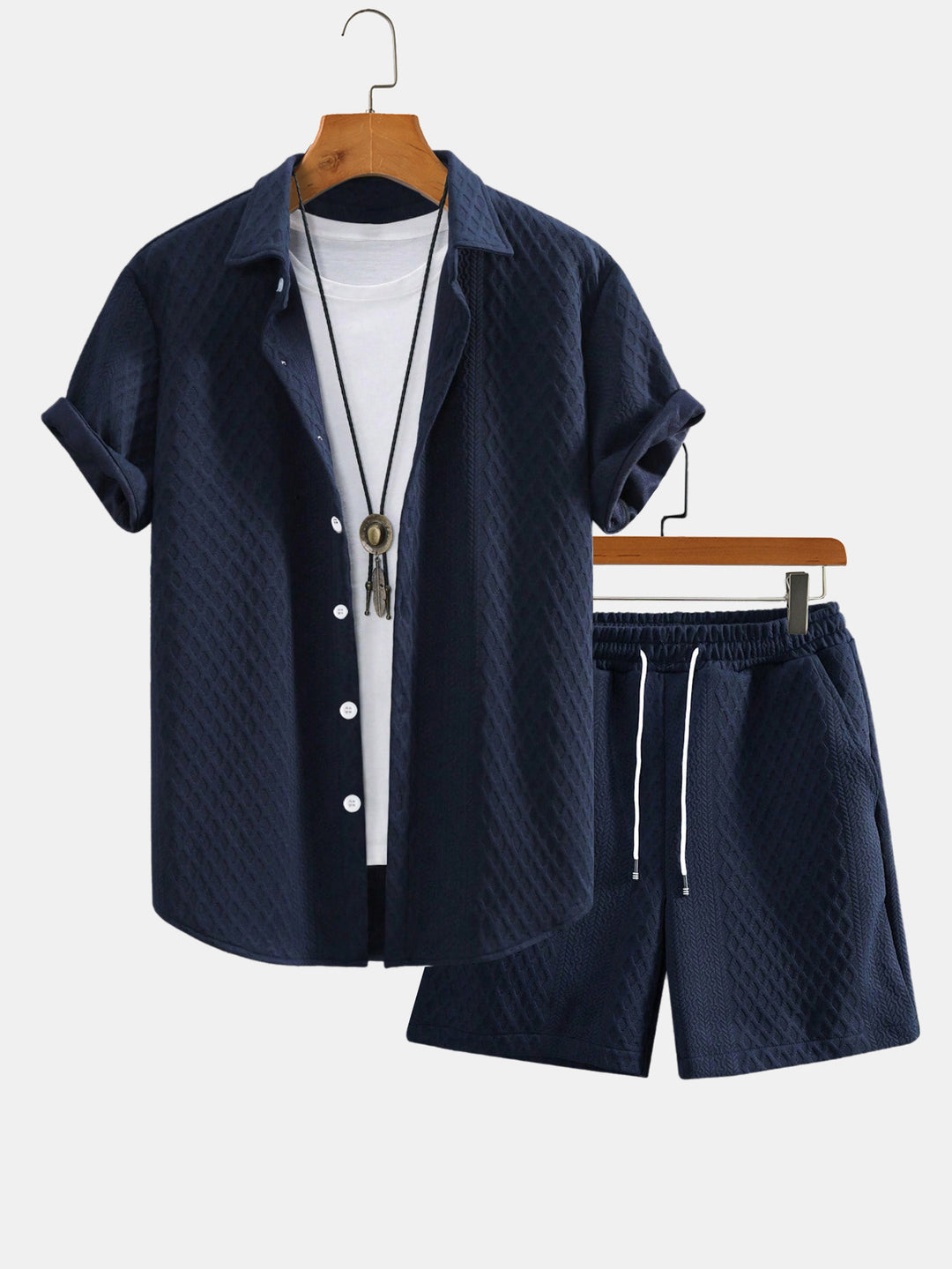Rhombus Geometry Jacquard Button Up Shirt & Drawstring Shorts