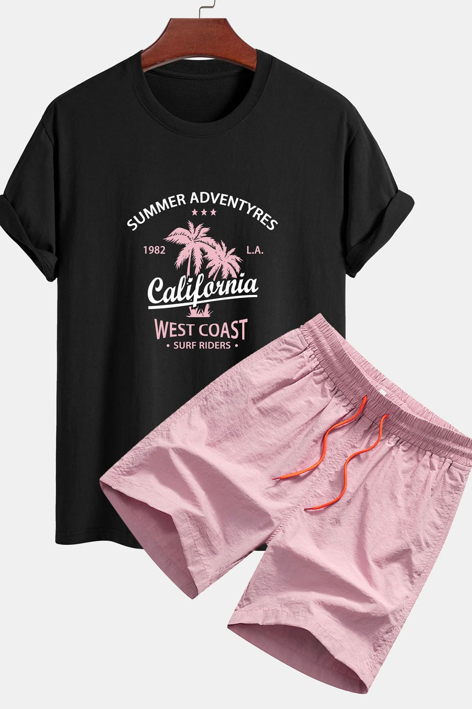 Regular Fit California Palm Tree Print Cotton T-Shirt & Drawstring Swim Shorts