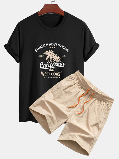Regular Fit California Palm Tree Print Cotton T-Shirt & Drawstring Swim Shorts