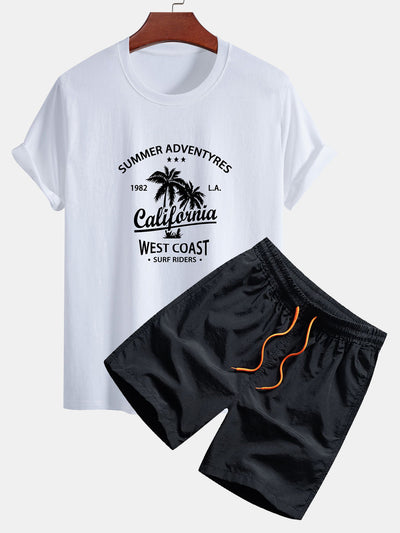 Regular Fit California Palm Tree Print Cotton T-Shirt & Drawstring Swim Shorts