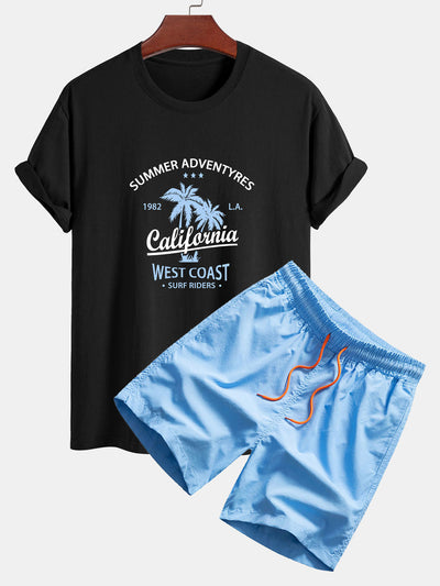 Regular Fit California Palm Tree Print Cotton T-Shirt & Drawstring Swim Shorts
