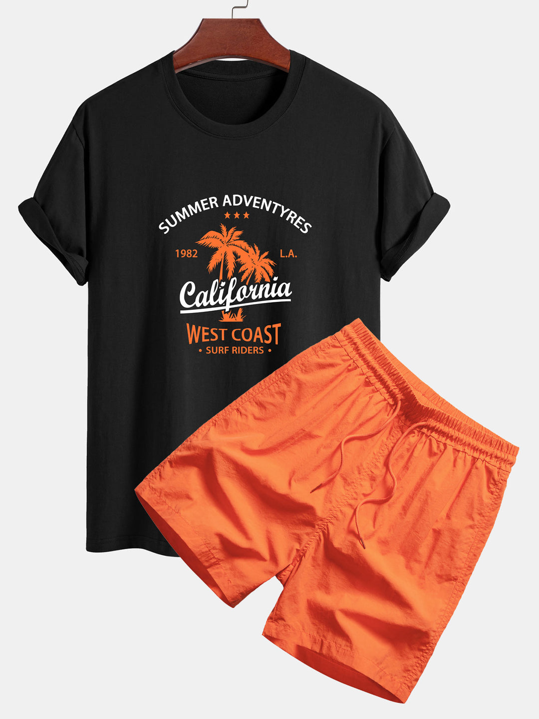 Regular Fit California Palm Tree Print Cotton T-Shirt & Drawstring Swim Shorts