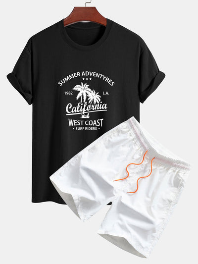 Regular Fit California Palm Tree Print Cotton T-Shirt & Drawstring Swim Shorts