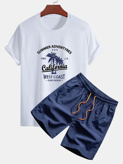 Regular Fit California Palm Tree Print Cotton T-Shirt & Drawstring Swim Shorts