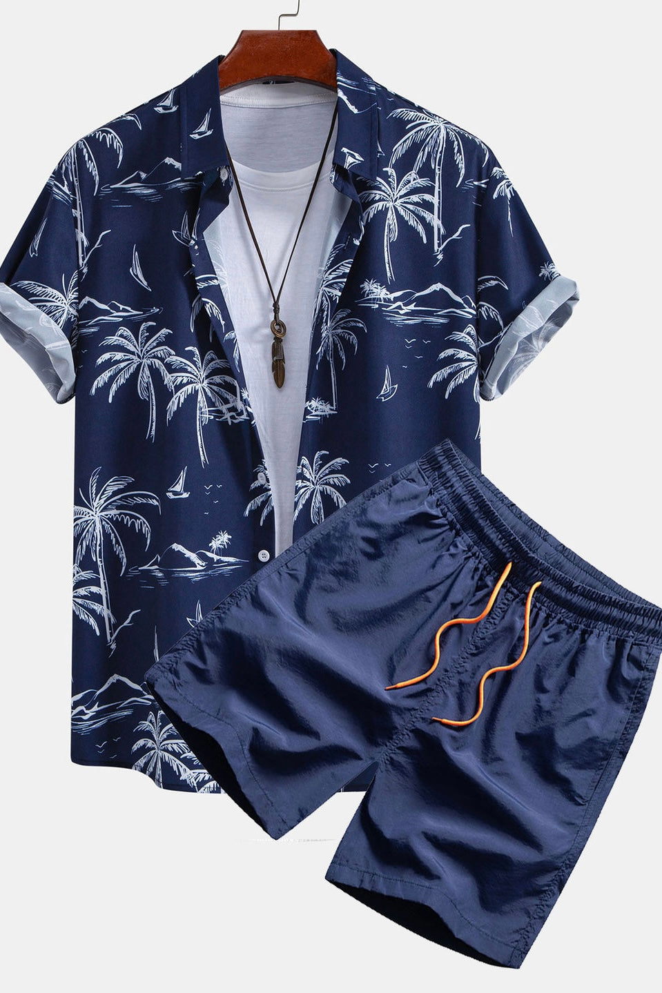 Palm Tree Island Print Button Up Shirt & Drawstring Swim Shorts