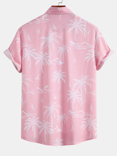 Palm Tree Island Print Button Up Shirt & Drawstring Swim Shorts