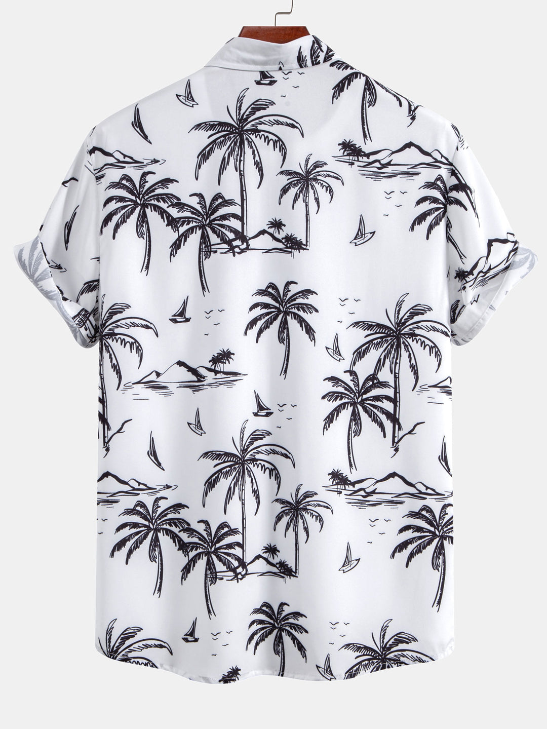 Palm Tree Island Print Button Up Shirt & Striped Print Swim Shorts