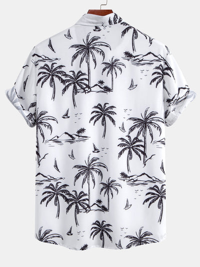 Palm Tree Island Print Button Up Shirt & Striped Print Swim Shorts