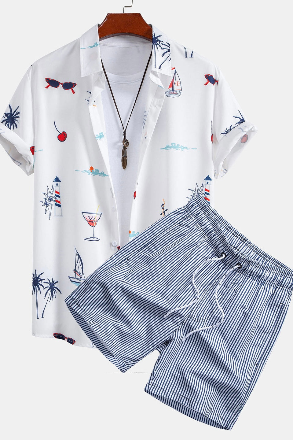 Palm Tree Nautical Print Button Up Shirt & Stripe Print Swim Shorts