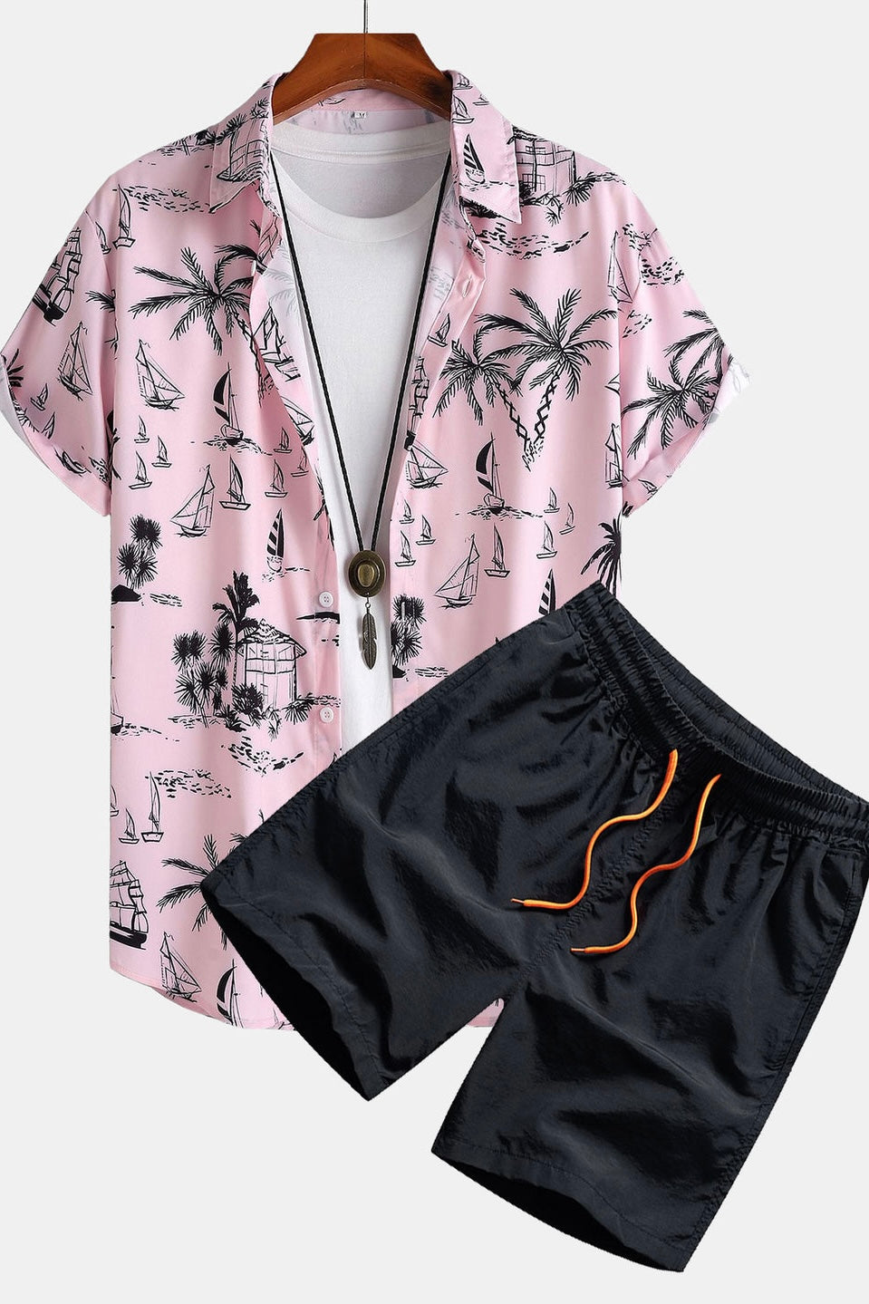 Palm Tree Sailboat Print Button Up Shirt & Swim Shorts