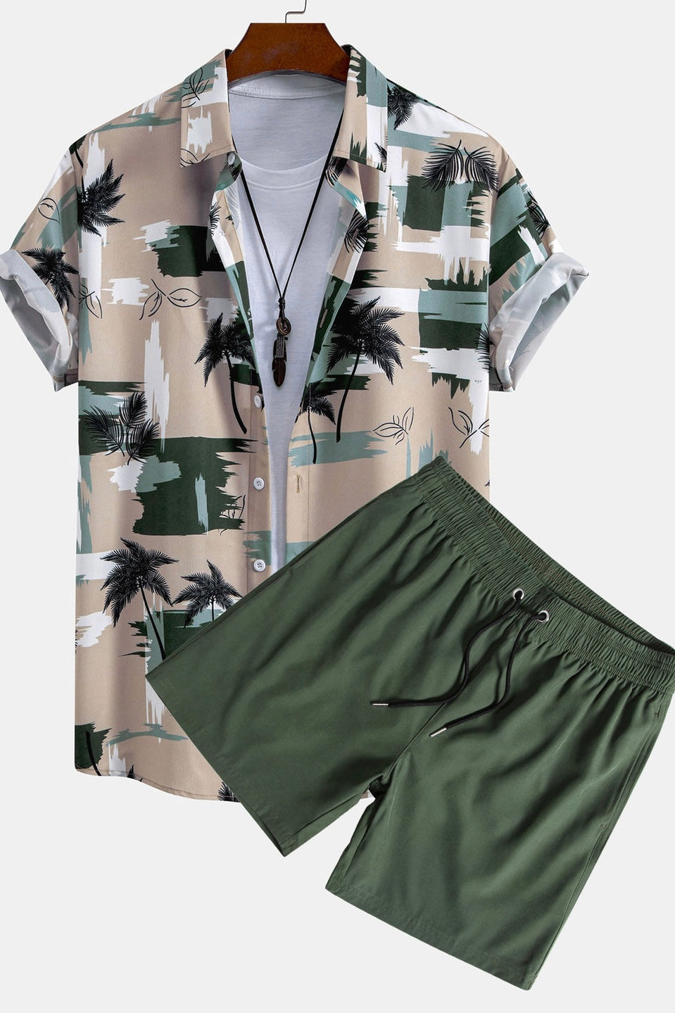 Palm Tree Color Block Print Button Up Shirt & Swim Shorts