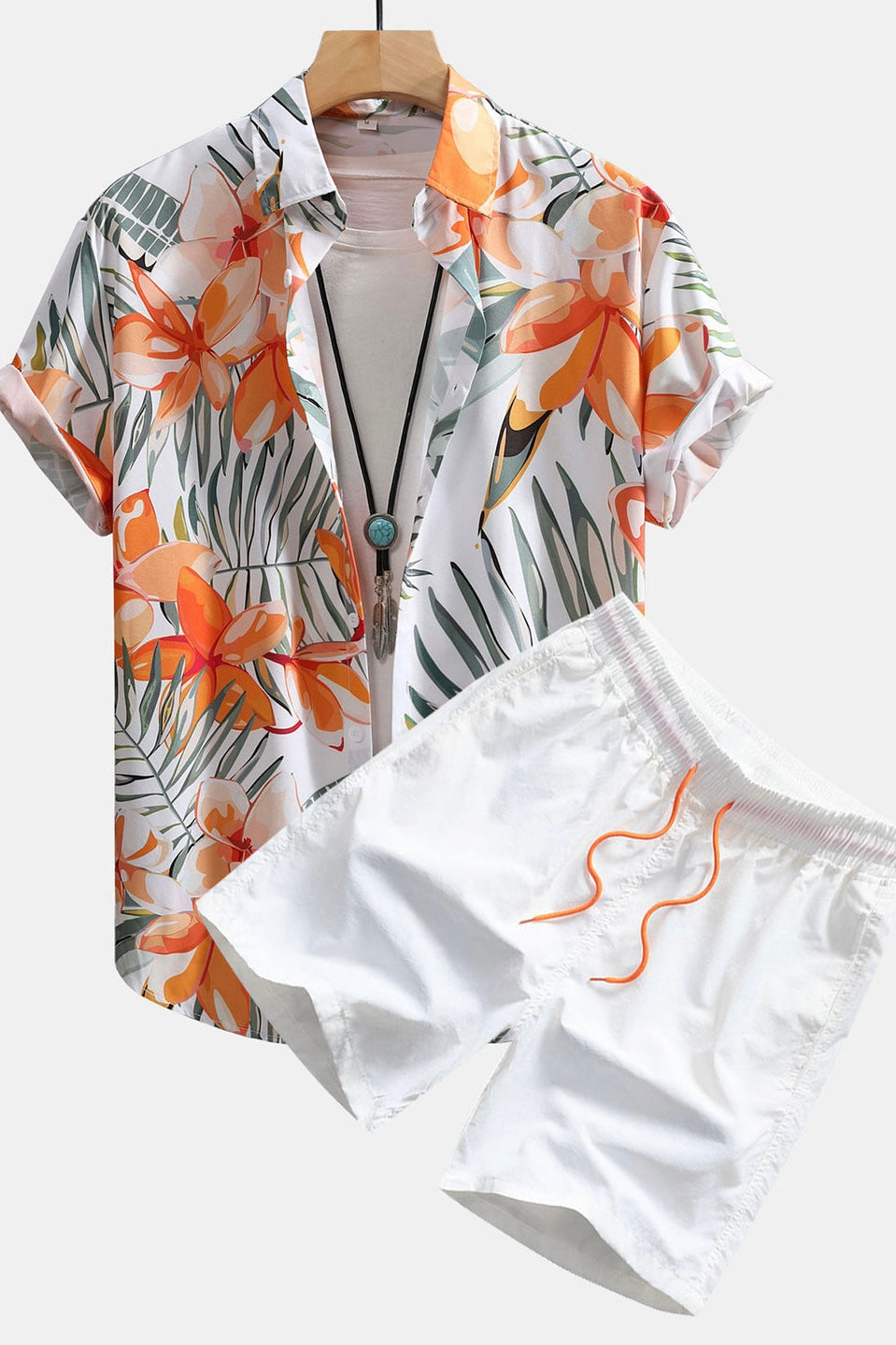 Flower Plants Print Button Up Shirt & Swim Shorts