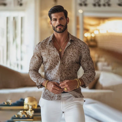 VINTAGE PRINT LAPEL LONG SLEEVE SHIRT