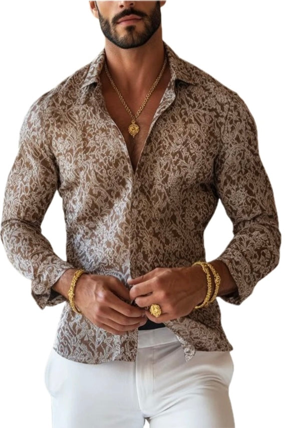 VINTAGE PRINT LAPEL LONG SLEEVE SHIRT