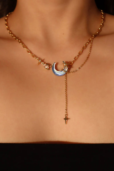 Real Gold Plated Moonstone Moon Star Chain Necklace