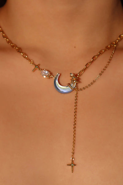 Real Gold Plated Moonstone Moon Star Chain Necklace