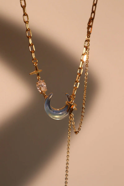 Real Gold Plated Moonstone Moon Star Chain Necklace