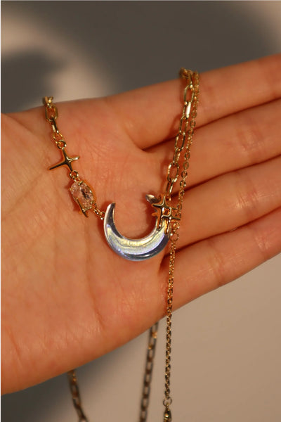 Real Gold Plated Moonstone Moon Star Chain Necklace