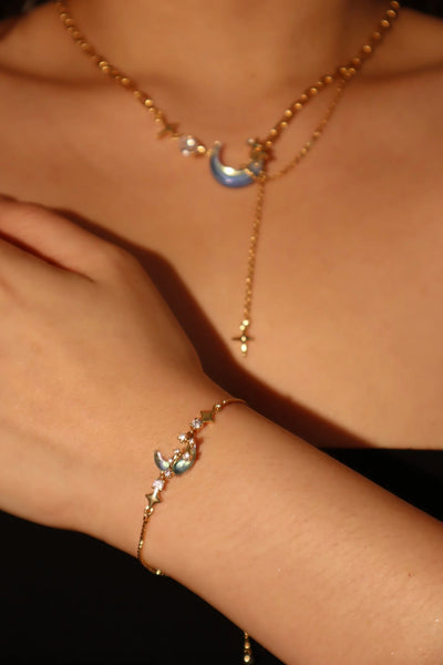 Real Gold Plated Moonstone Moon Star Chain Necklace