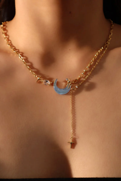 Real Gold Plated Moonstone Moon Star Chain Necklace