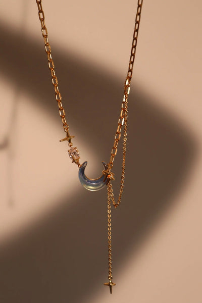 Real Gold Plated Moonstone Moon Star Chain Necklace