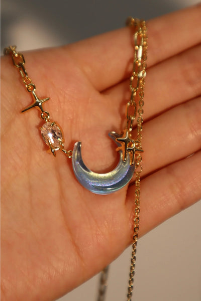 Real Gold Plated Moonstone Moon Star Chain Necklace