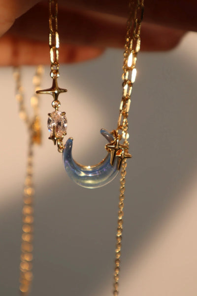 Real Gold Plated Moonstone Moon Star Chain Necklace