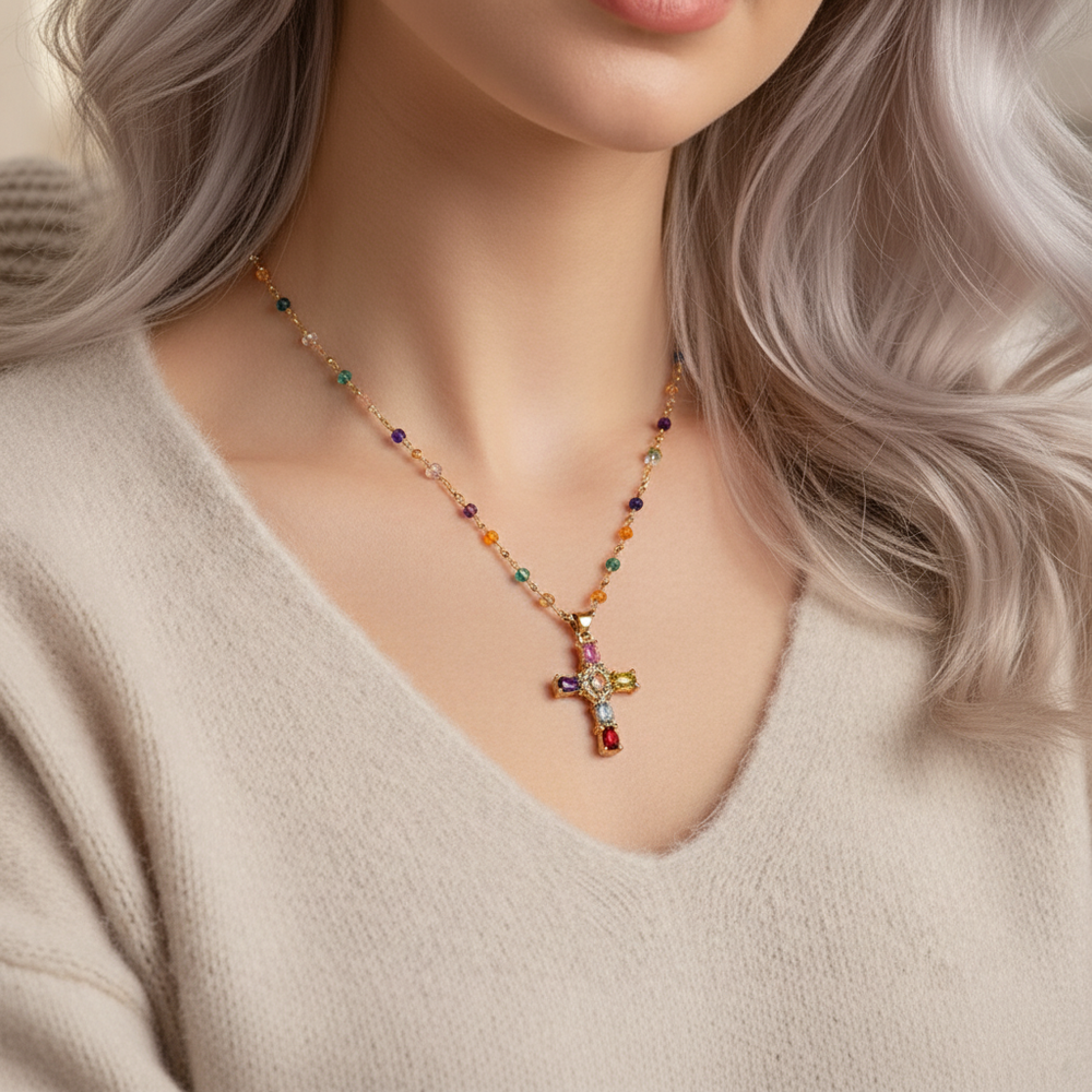 Dainty Colourful Gem Set Cross Necklace