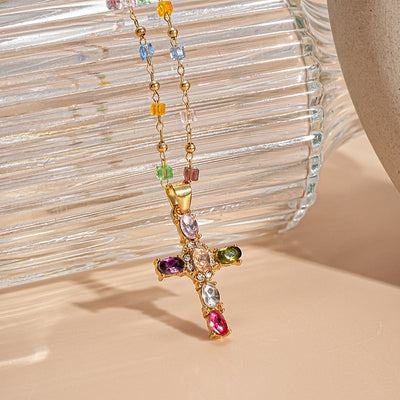 Dainty Colourful Gem Set Cross Necklace