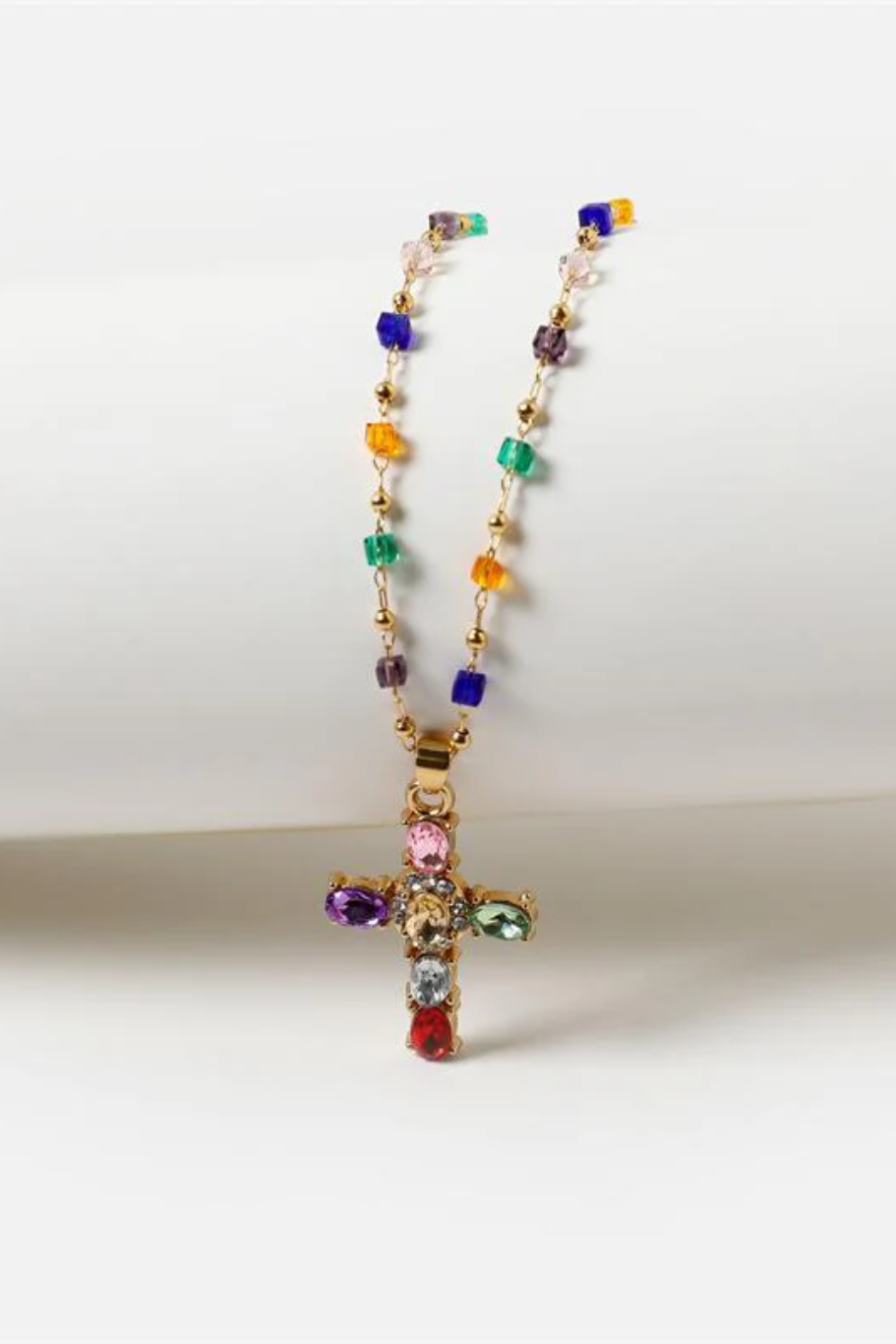 Dainty Colourful Gem Set Cross Necklace