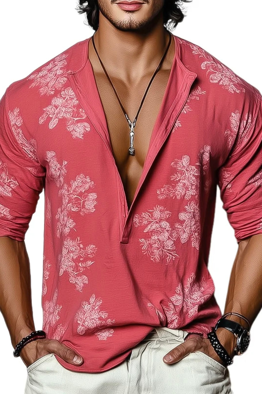 FLORAL HENLEY COLLAR LONG SLEEVE T-SHIRT