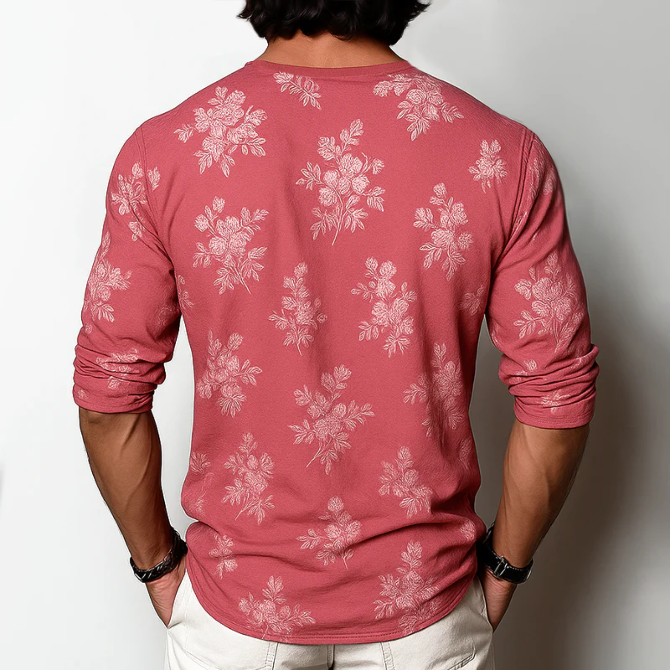 FLORAL HENLEY COLLAR LONG SLEEVE T-SHIRT