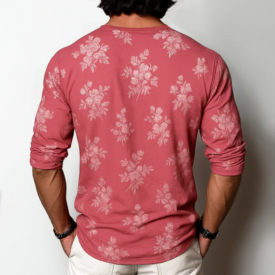 FLORAL HENLEY COLLAR LONG SLEEVE T-SHIRT