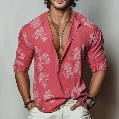 FLORAL HENLEY COLLAR LONG SLEEVE T-SHIRT